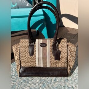 Coach Legacy Signature Stripe satchel bag with brown leather trim #19915 EUC